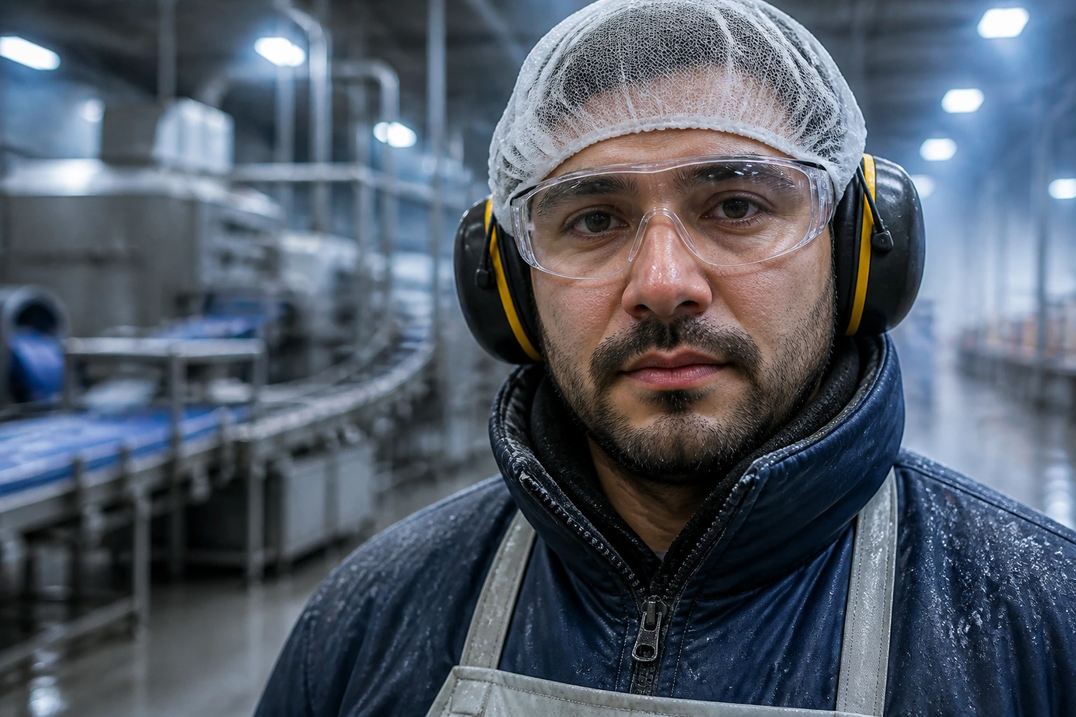 Close-up portrait of a real factory worker on a cold Canadian production floor wearing PPE