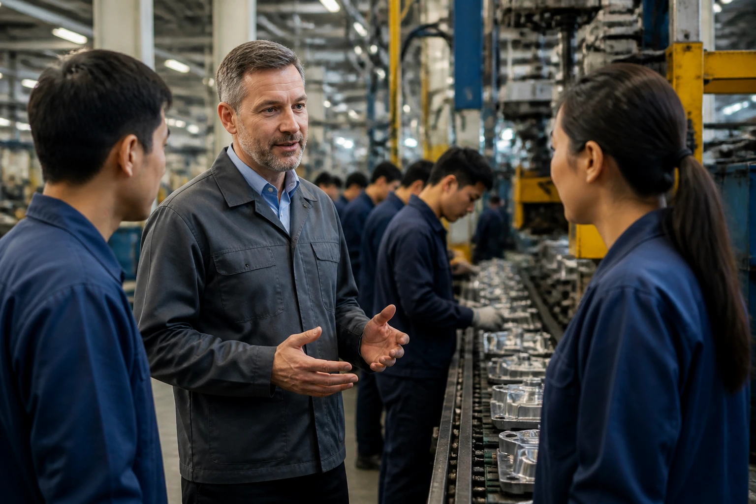 Factory manager on the floor discussing work with operators