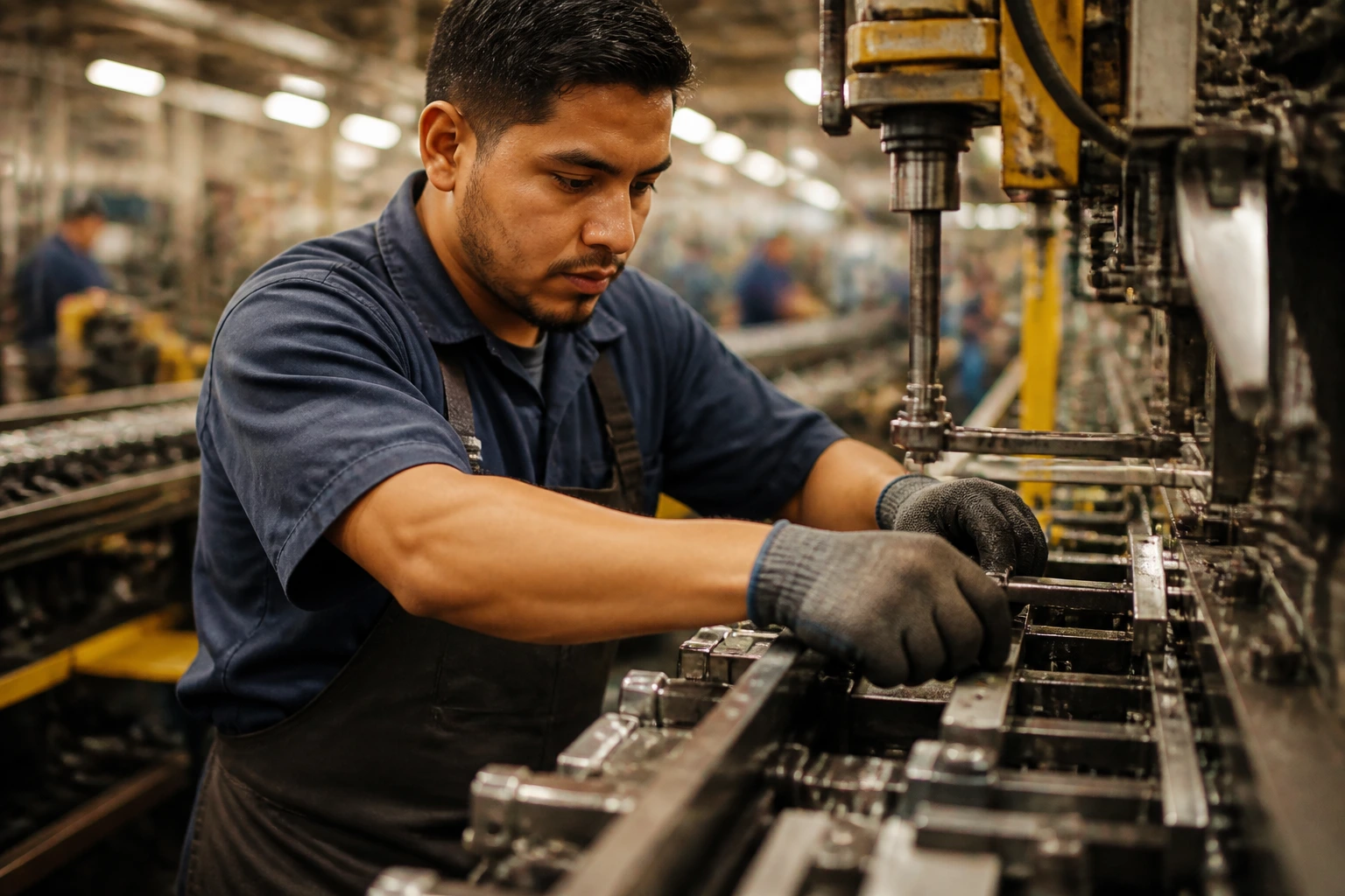 Close-up of factory worker on a bustling plant floor