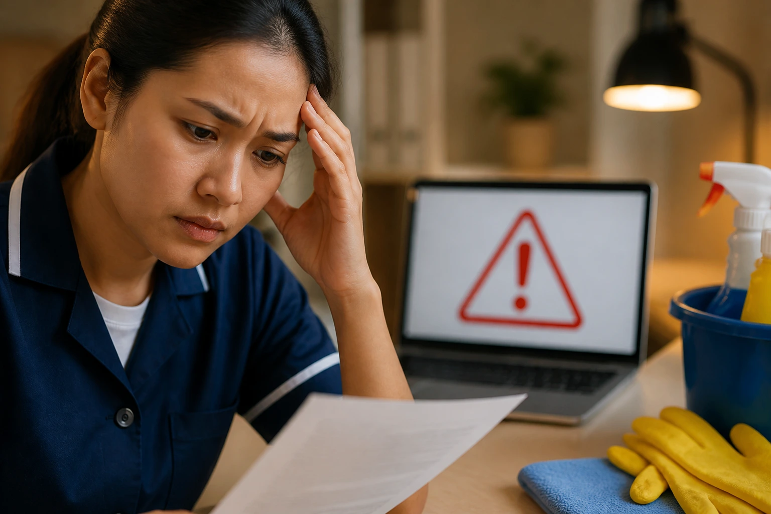 Concerned cleaner in an office with a laptop displaying a red warning icon.