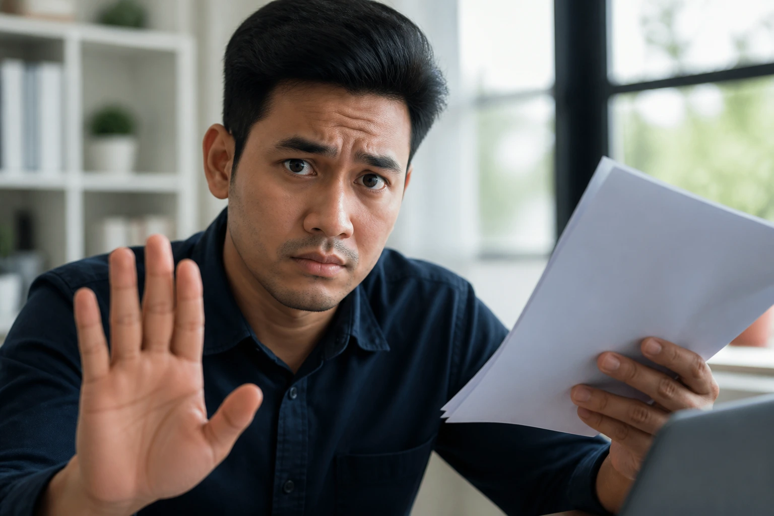 Portrait of a wary individual in an office, signaling fake LMIA offers
