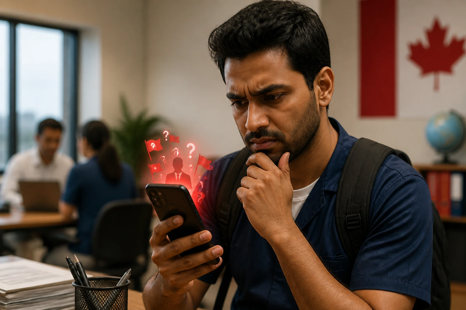 Migrant worker checking a phone with warning icons, signaling recruitment red flags