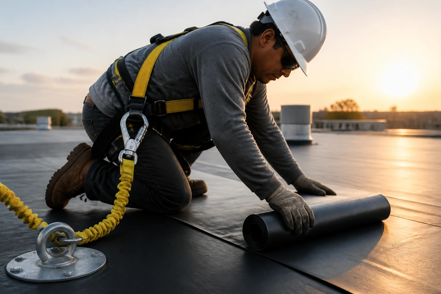 Worker on a roof wearing fall protection harness and lanyard