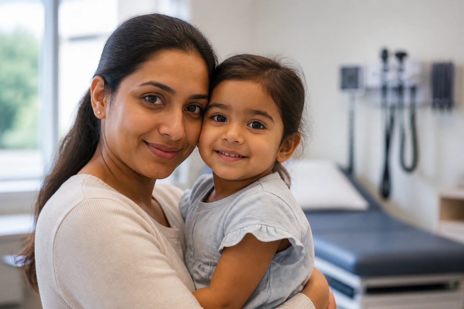 Parent and child in a clinic representing dependent coverage on a sponsored visa