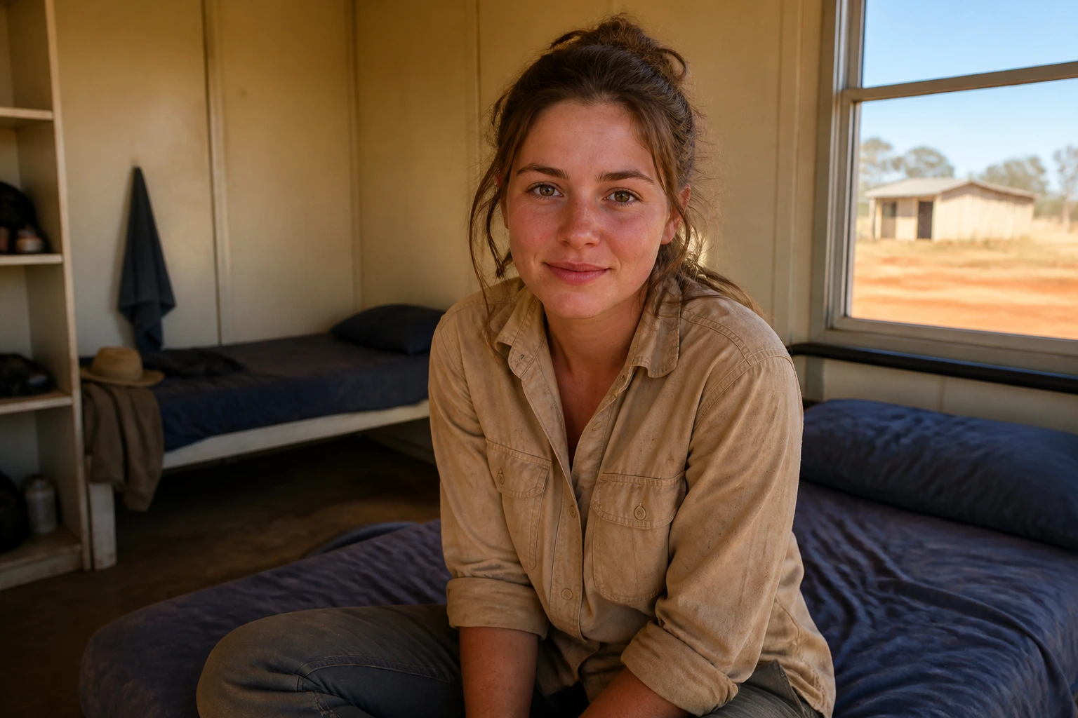 Portrait of a traveler in a dorm room on remote farm accommodations