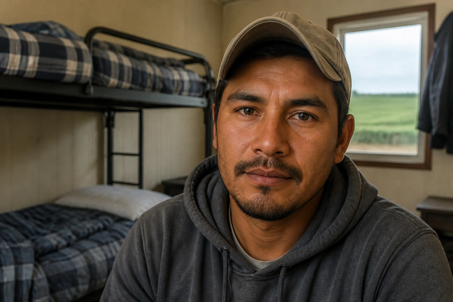 Close-up of farm worker in a simple shared housing room
