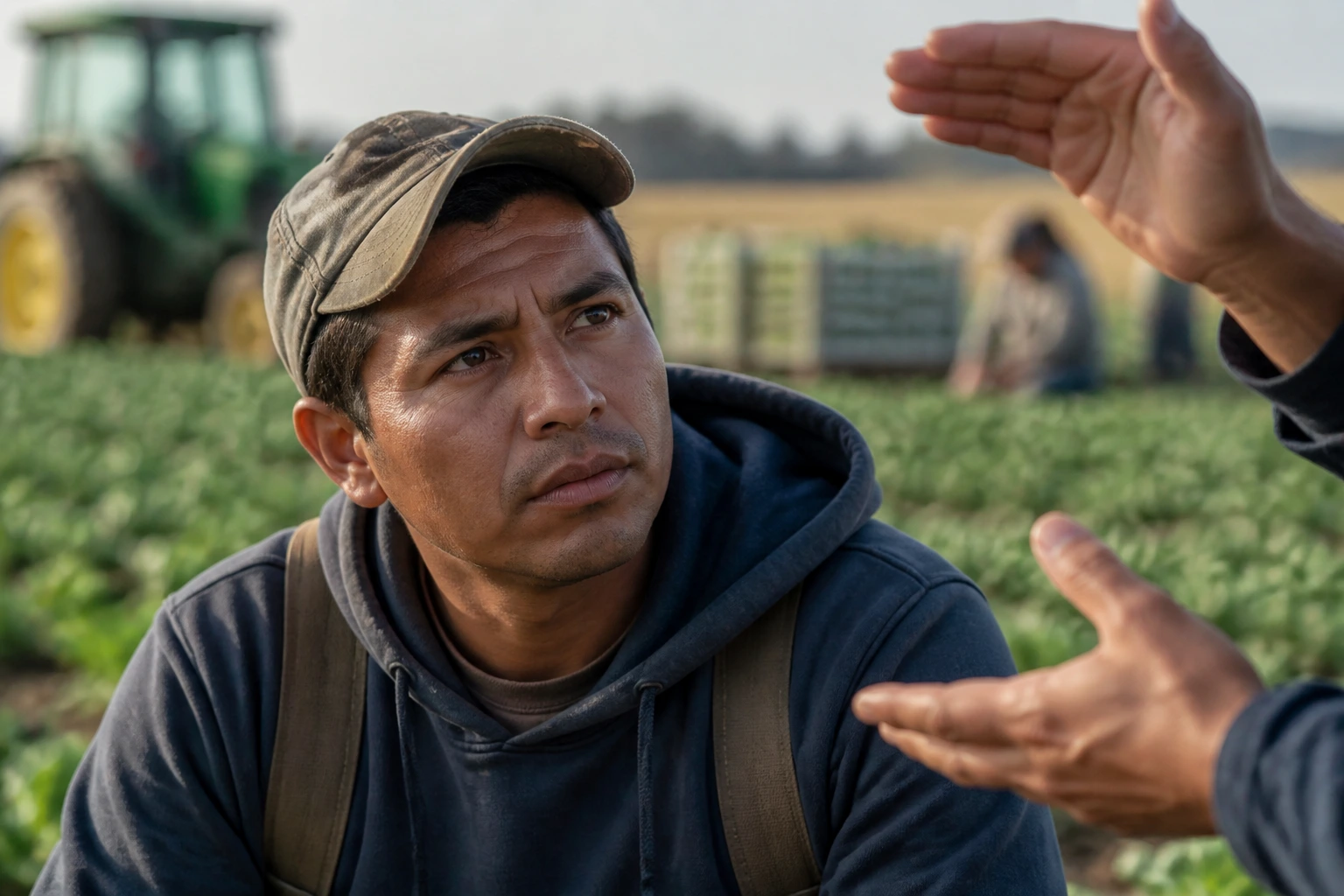 Close-up portrait of a farmworker facing forward, conveying language barriers on the farm
