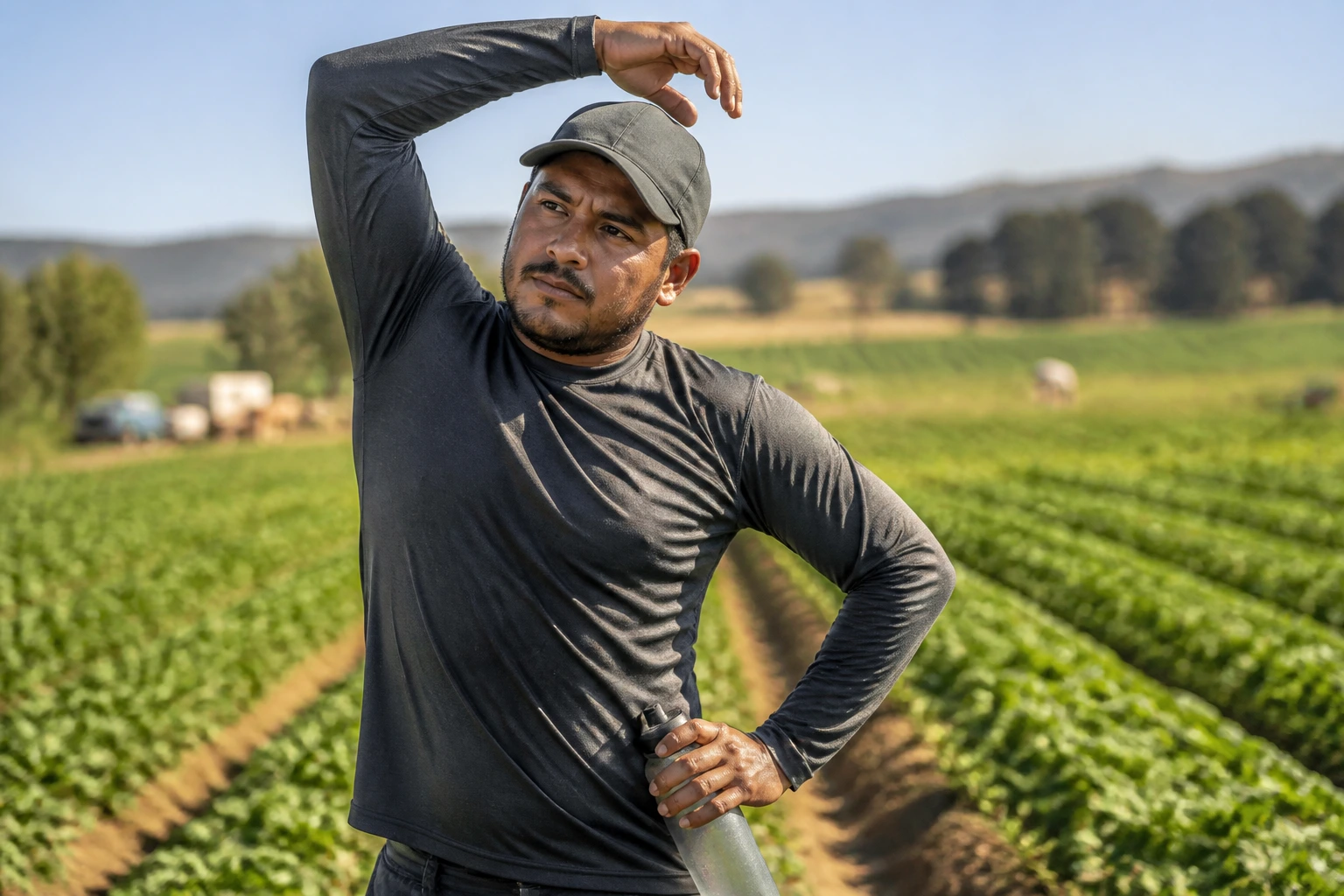 Close-up of a farm worker preparing for physical labor in a sunlit field