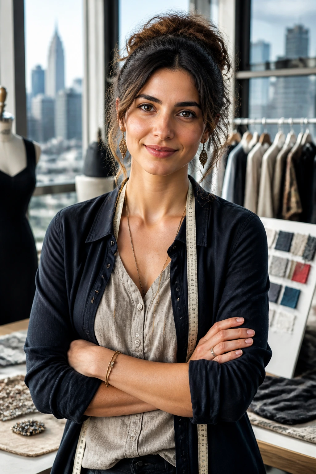 Portrait of a fashion designer in a studio with city skyline outside window