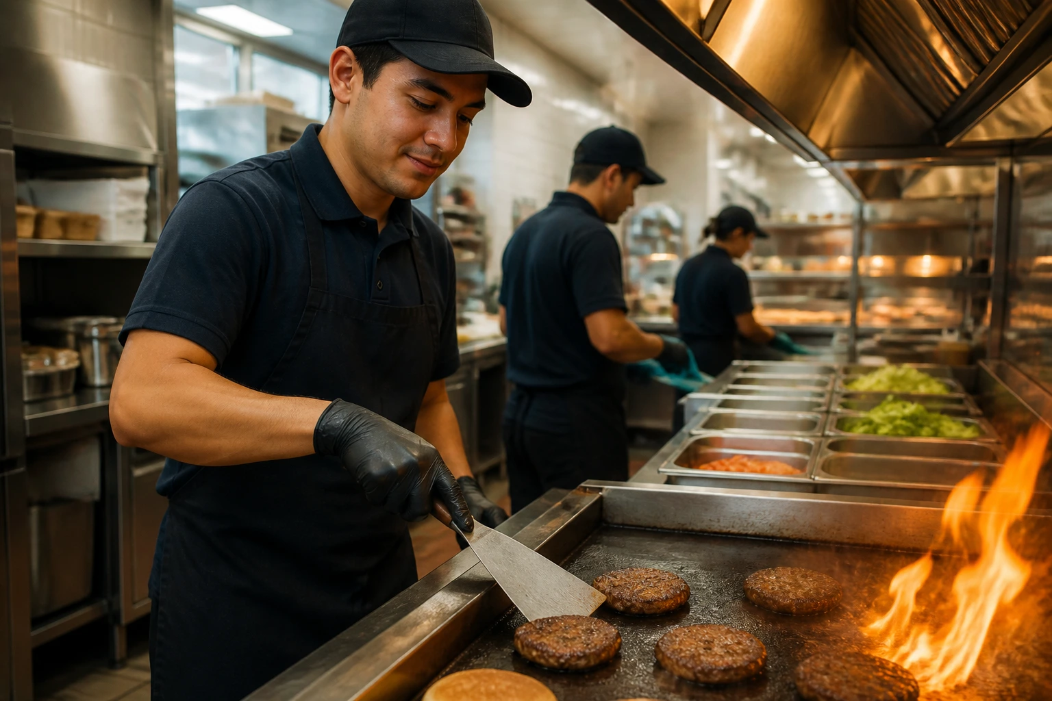 Medium close-up of a cook at a grill in a busy kitchen