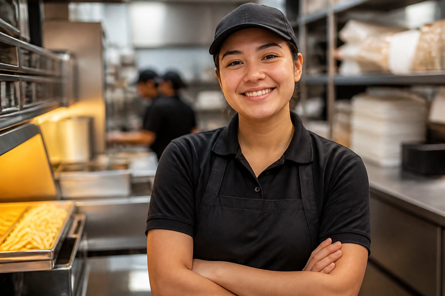 Portrait of a fast-food crew member in uniform in a kitchen, representing common roles.