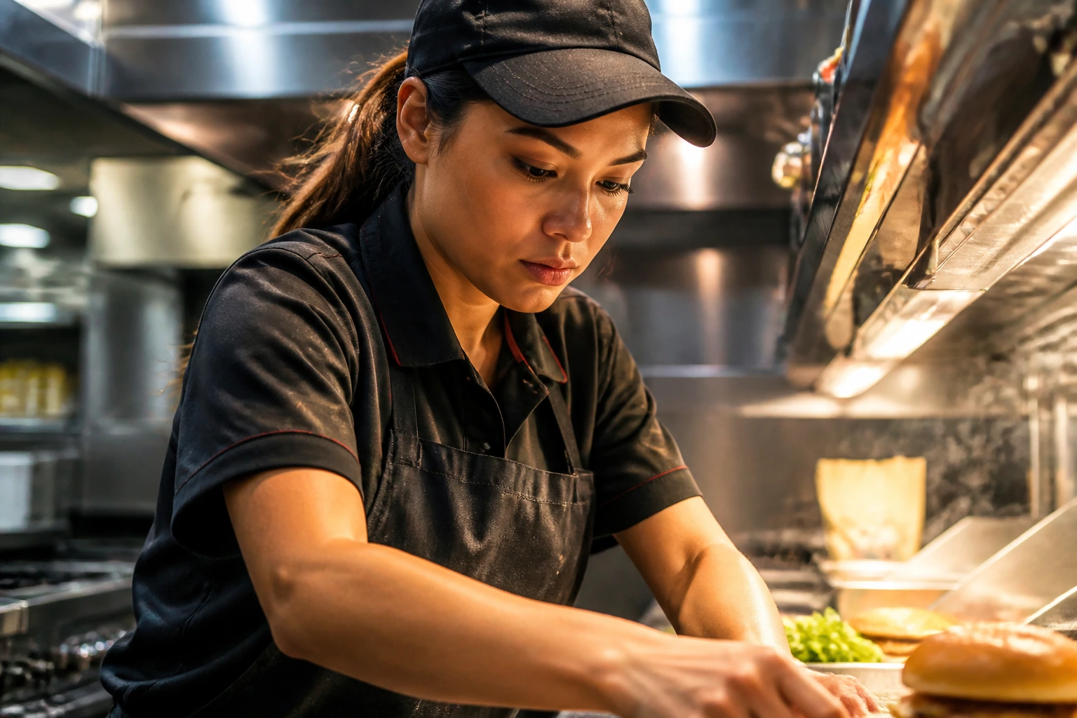 Close-up of a real fast-food worker in a busy Australian kitchen, highlighting sponsorship reality