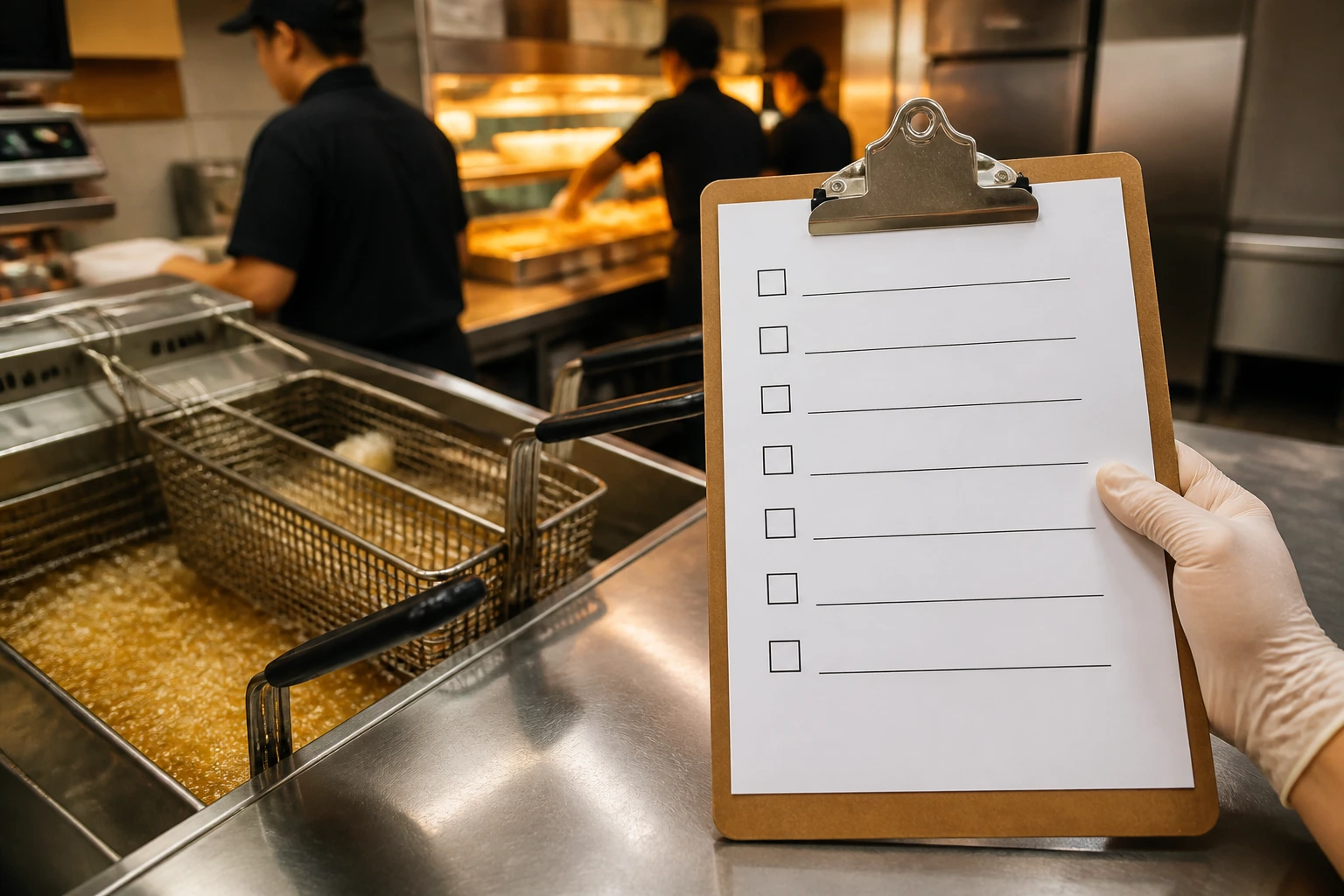 Close-up of a fast-food kitchen counter featuring a fryer and a blank checklist with empty boxes