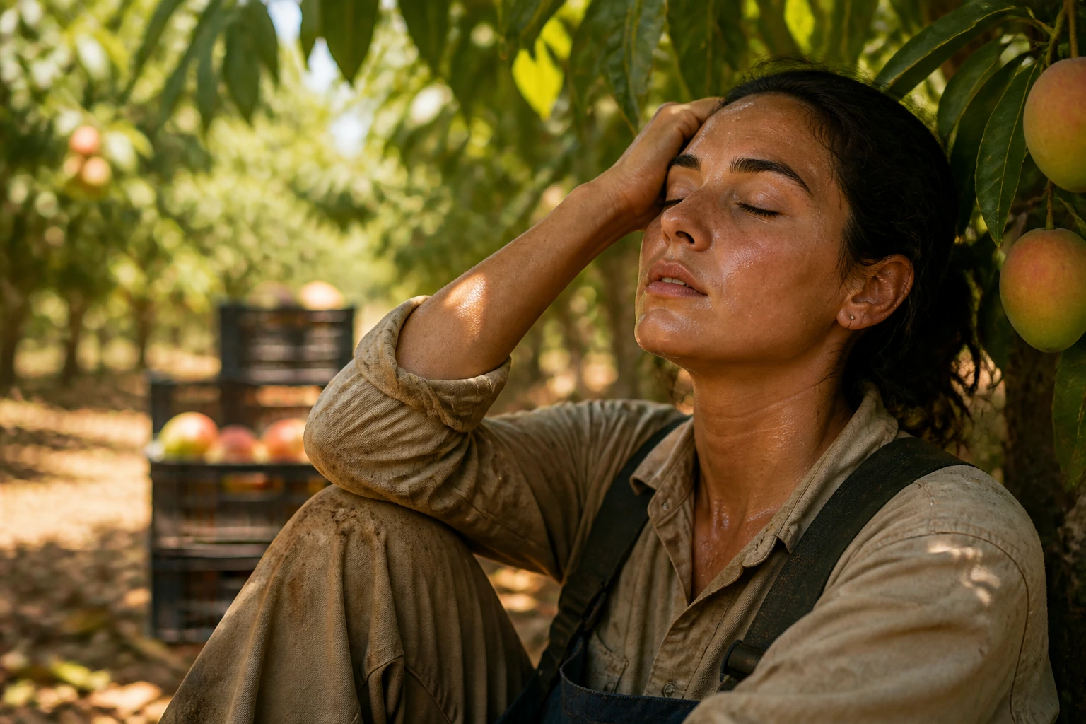 Close-up of fatigued Australian farm worker resting in shade among fruit trees