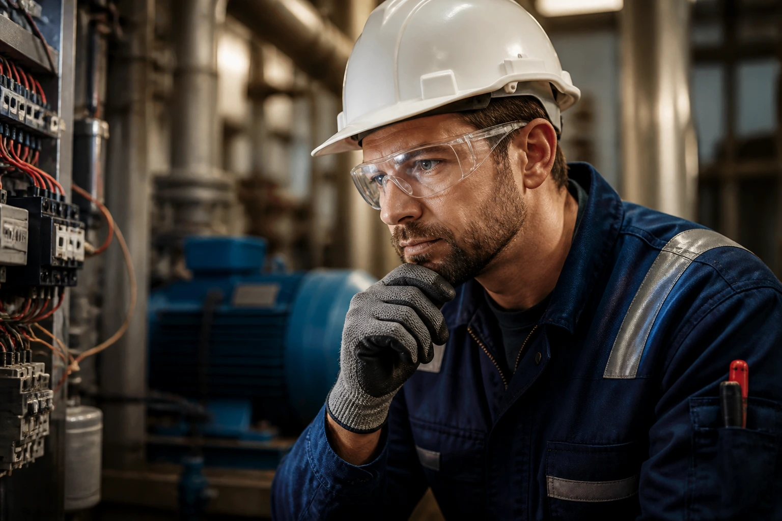 Maintenance technician in PPE thinking in a workshop