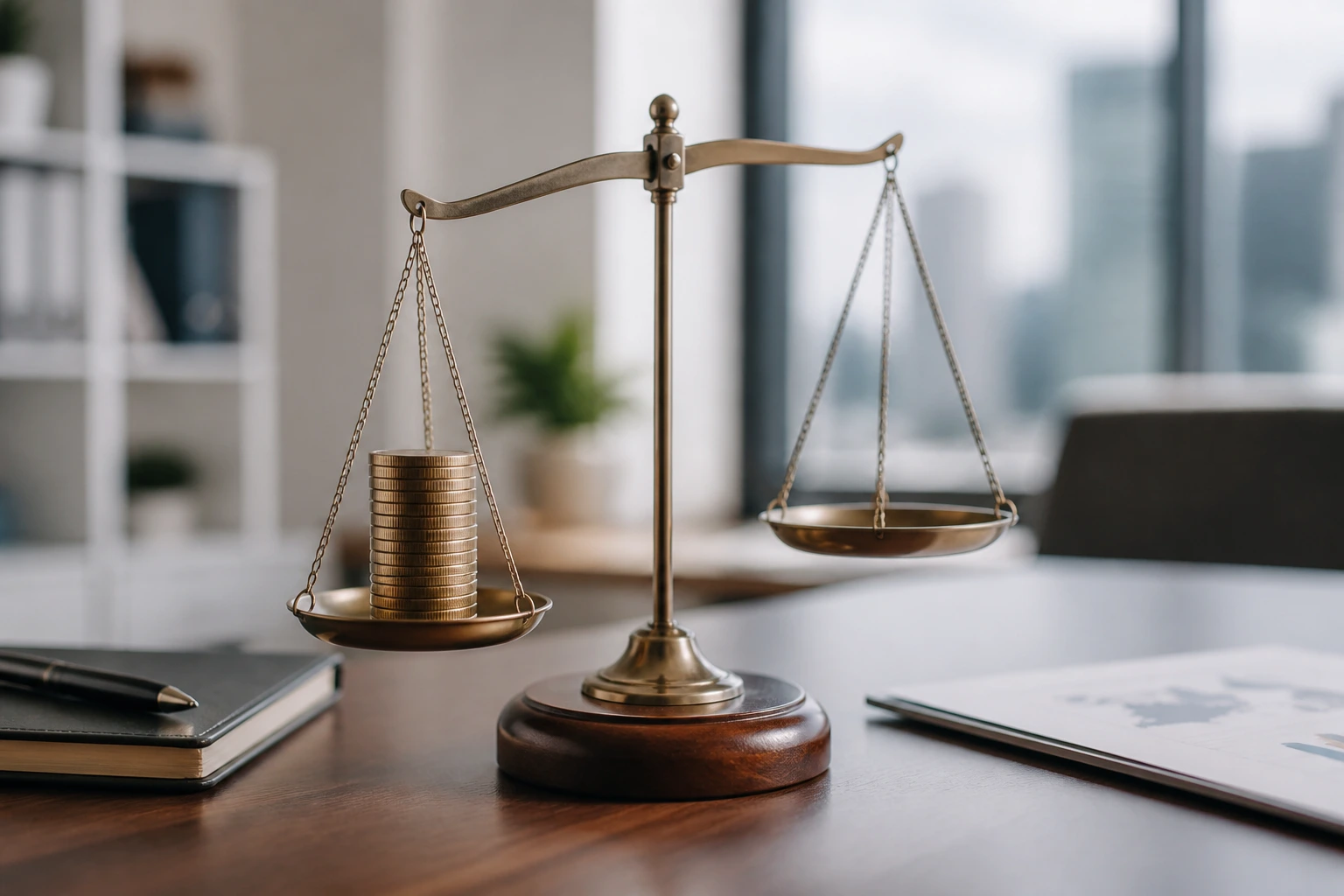 Balance scale with coins on an office desk