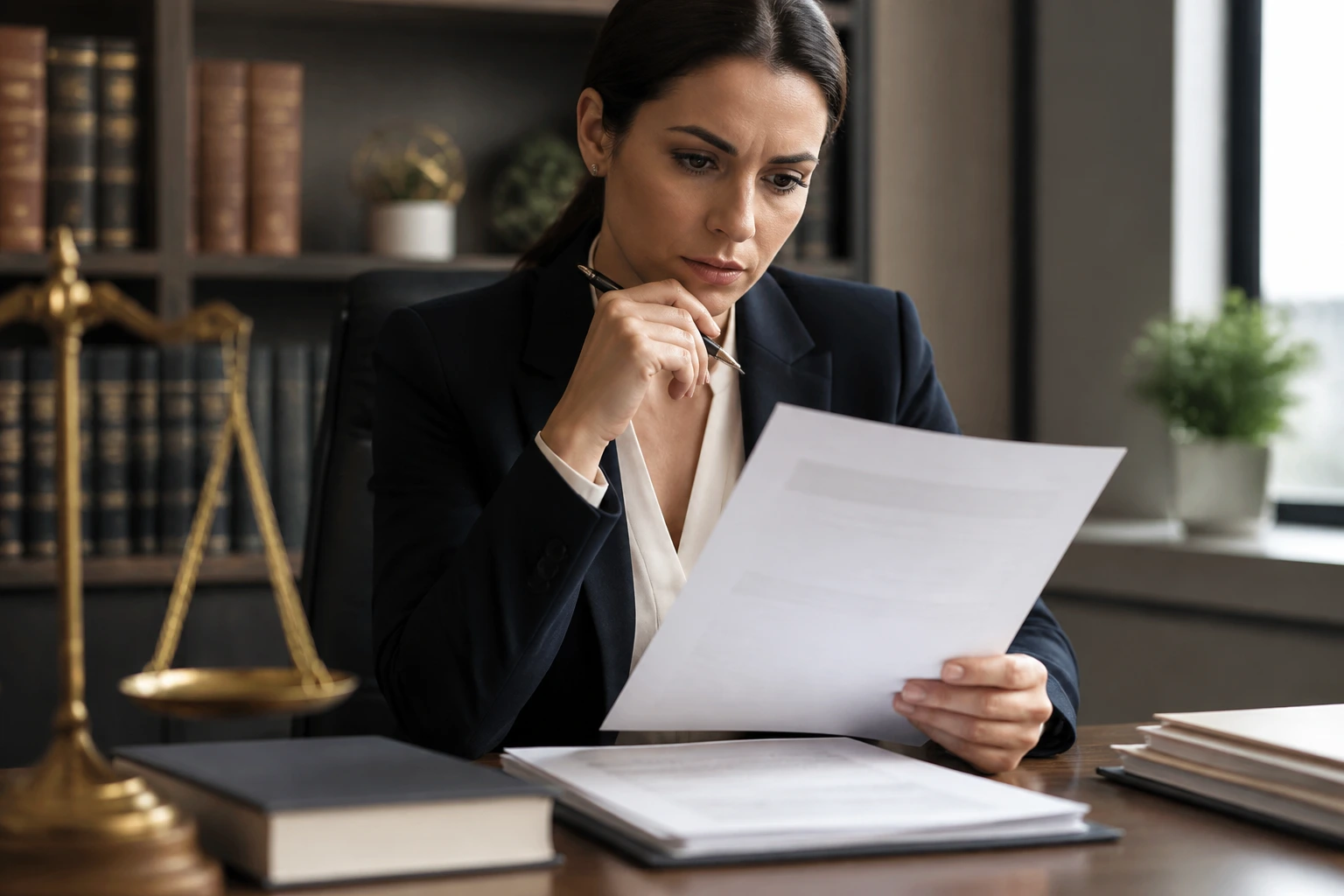 Professional reviewing documents to assess fees in a quiet law office