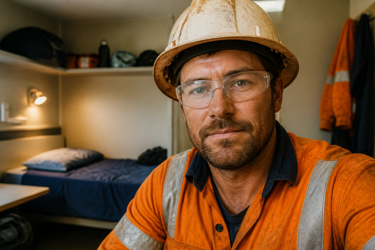 Mine worker in PPE in an on-site dorm room
