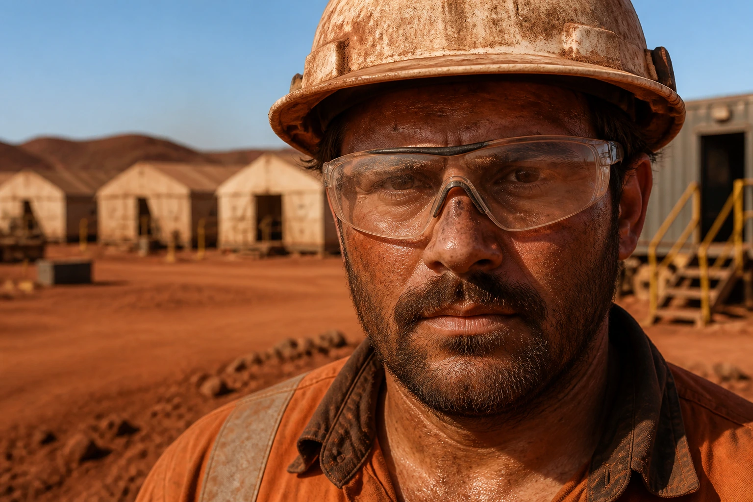 Close-up of a dusty mining worker in PPE in a FIFO camp setting