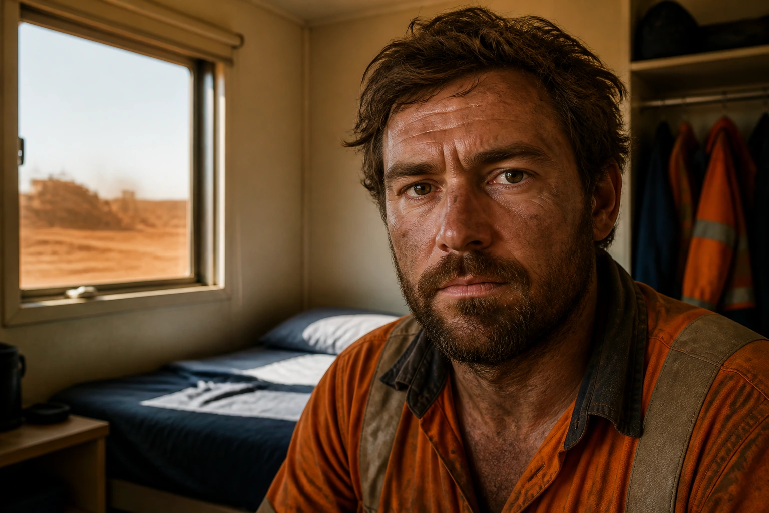 Portrait of a miner in a small FIFO camp room, looking thoughtful