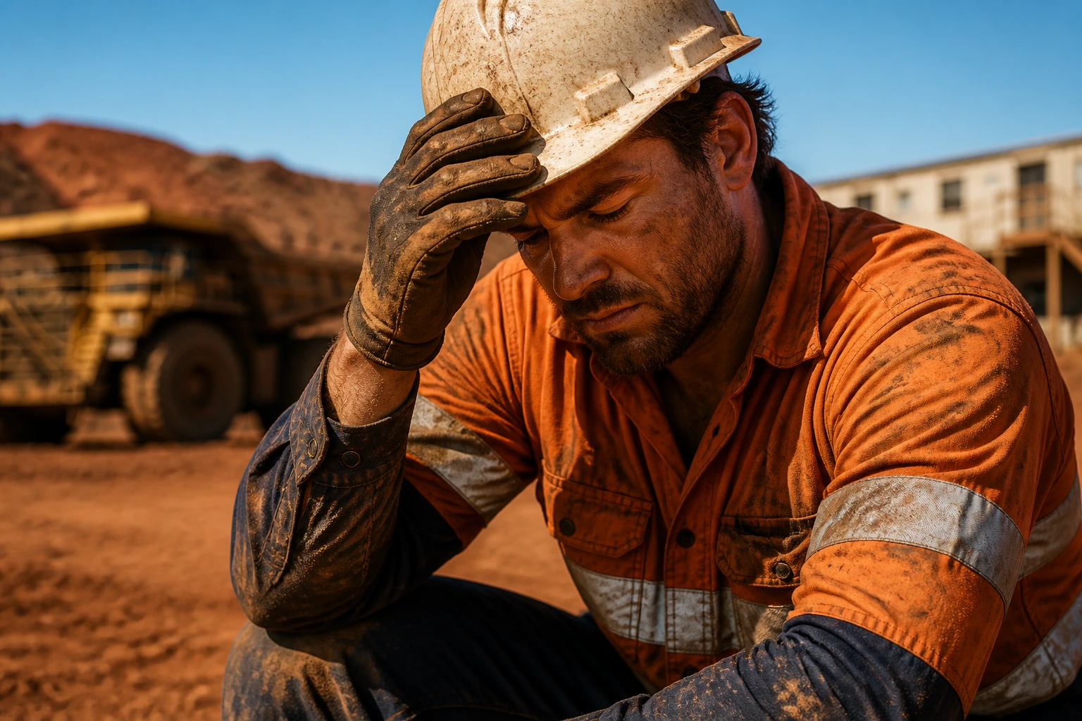Close-up of a fatigued FIFO worker in PPE on a dusty mining site.