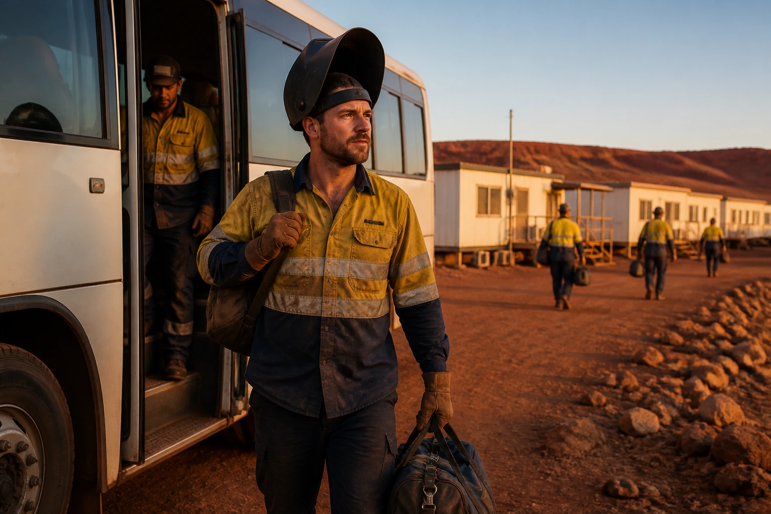Welder in PPE at remote FIFO camp in dusty outback