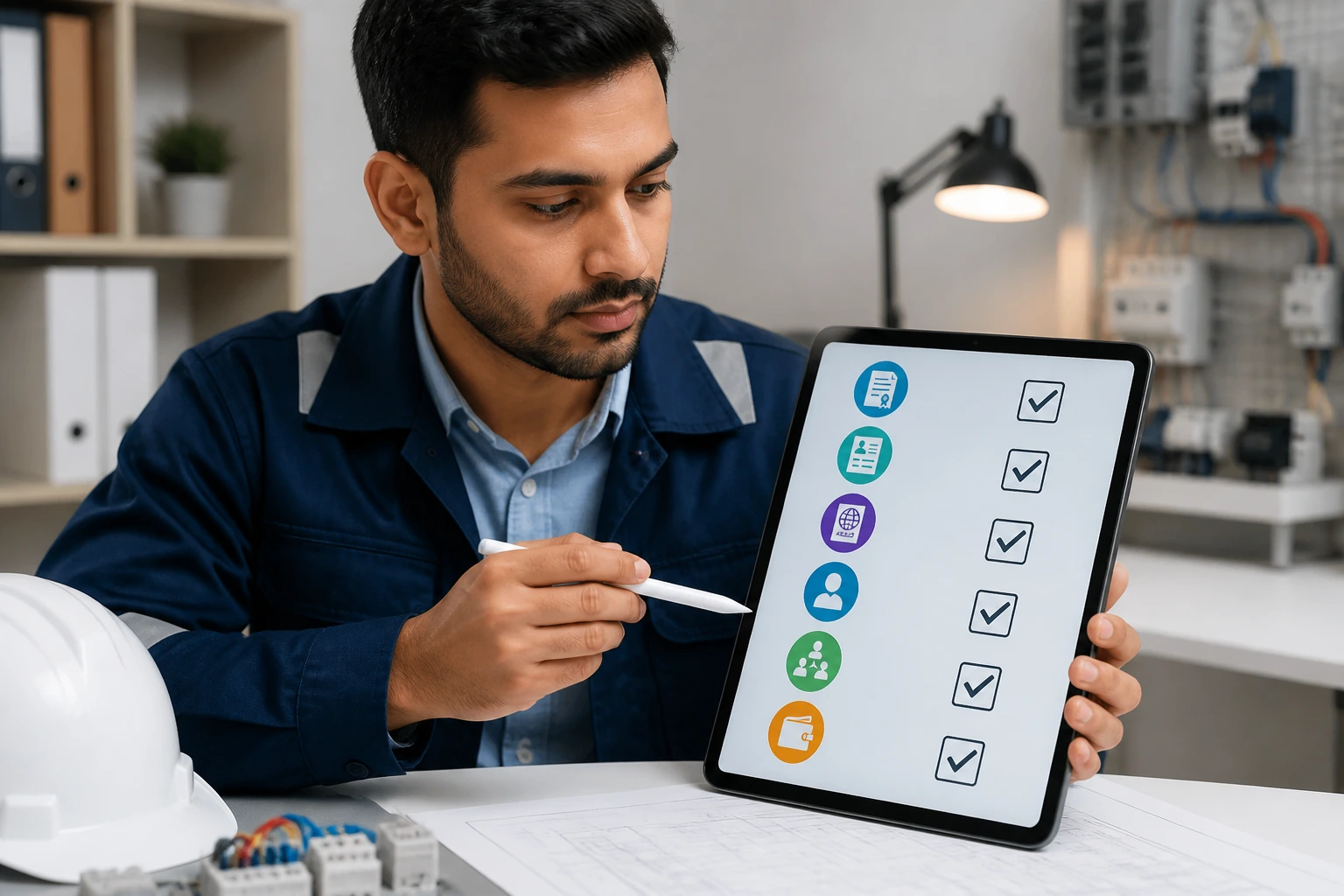 Medium close-up of engineer viewing a visual checklist on a tablet in office