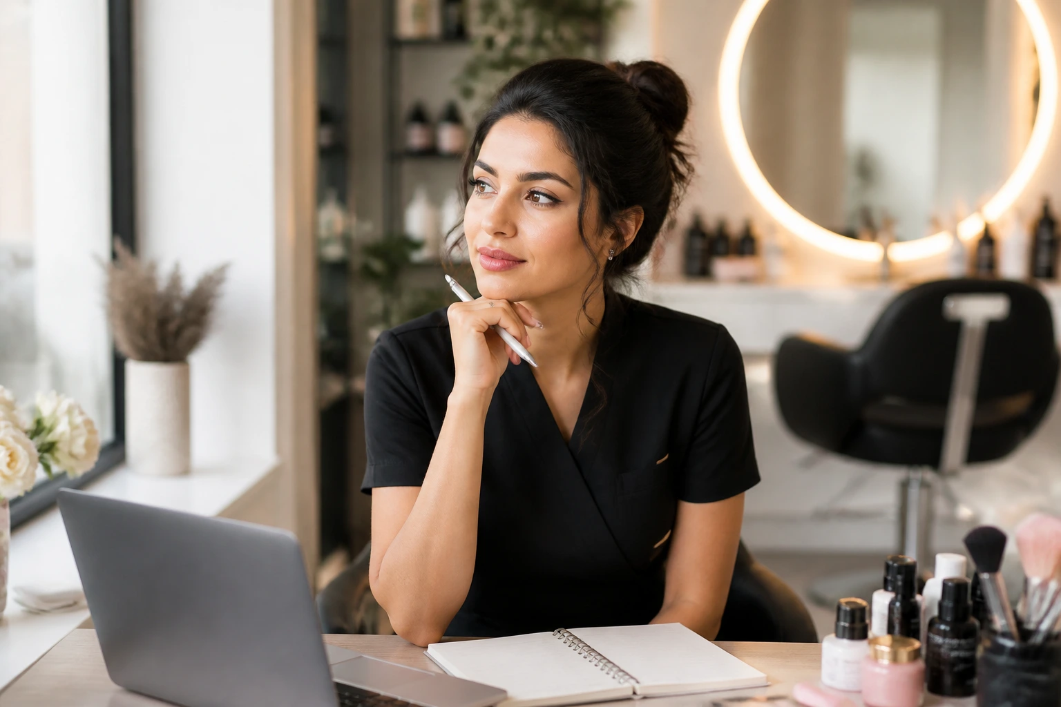 Thoughtful beauty professional seated at a desk by a window