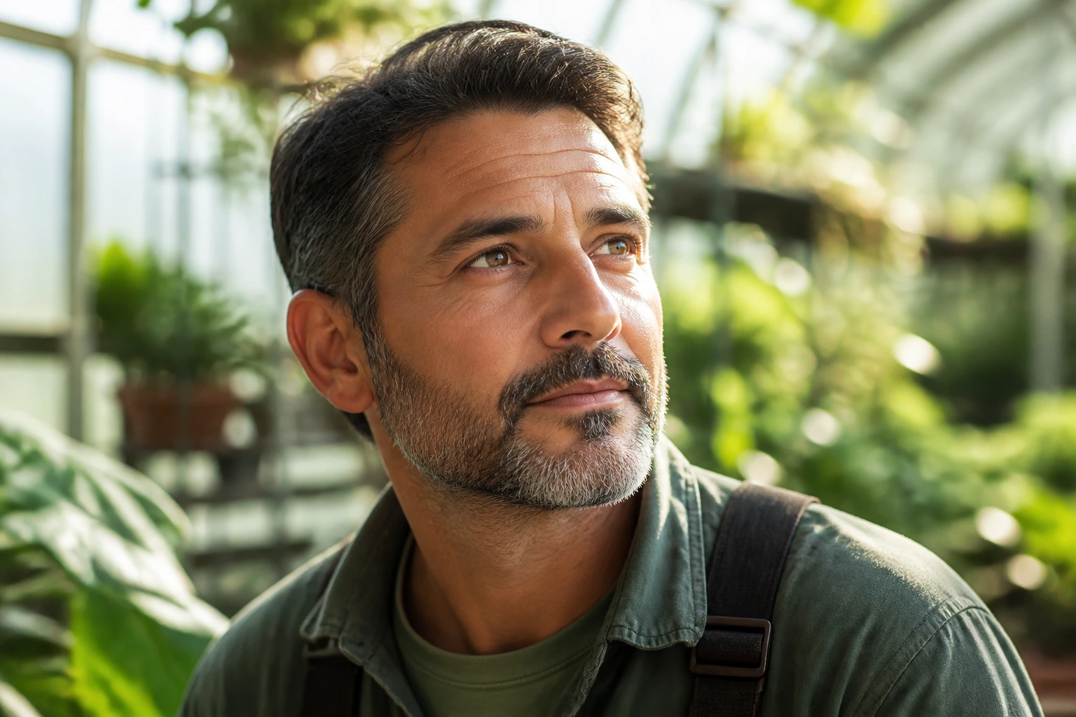 Close-up portrait of a gardener in a greenhouse, thoughtful expression