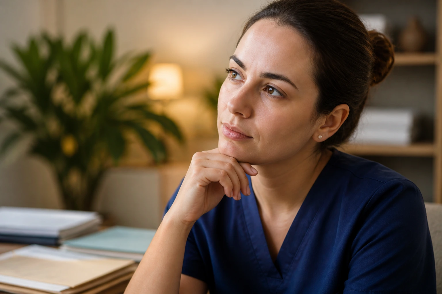 Thinking healthcare professional in an office contemplating Canada LMIA sponsorship considerations