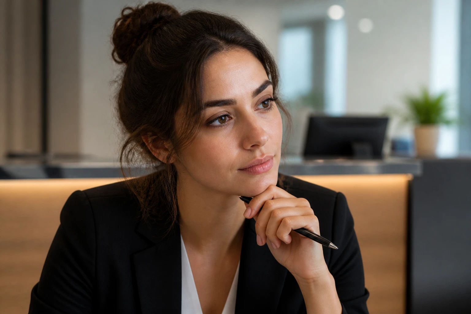 Close-up portrait of a thoughtful job seeker considering LMIA-backed receptionist roles