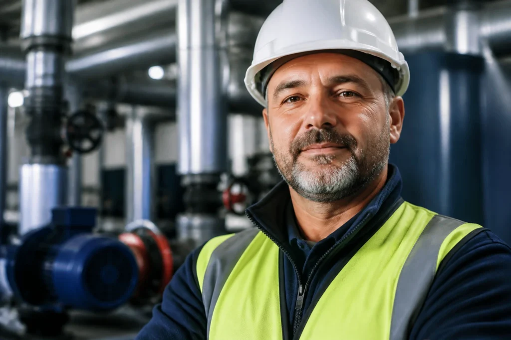 Portrait of a seasoned UK maintenance professional in safety gear in an industrial setting.