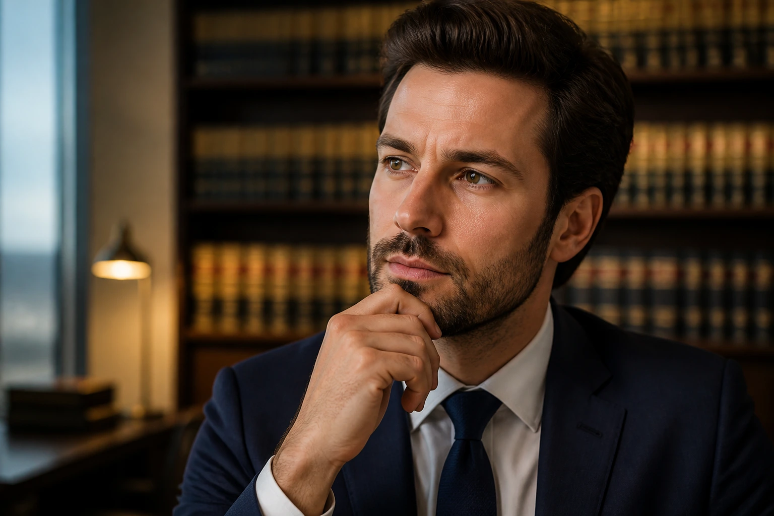 Close-up portrait of a solicitor deep in thought in a London law office