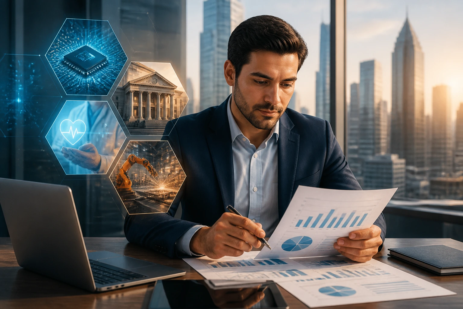 Analyst in office with city skyline backdrop representing varied industries