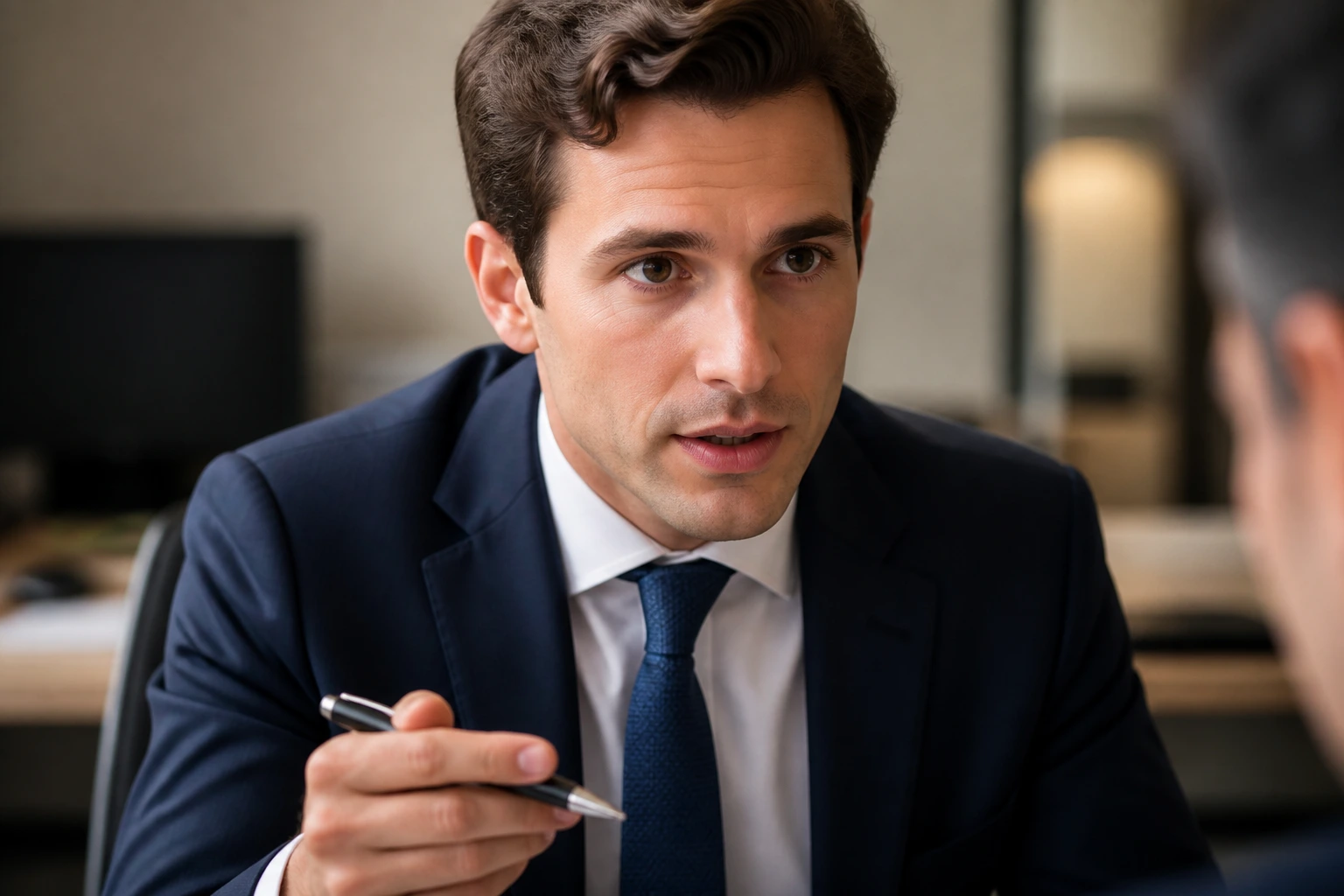 Close-up portrait of a finance professional in a tailored suit preparing for a technical interview
