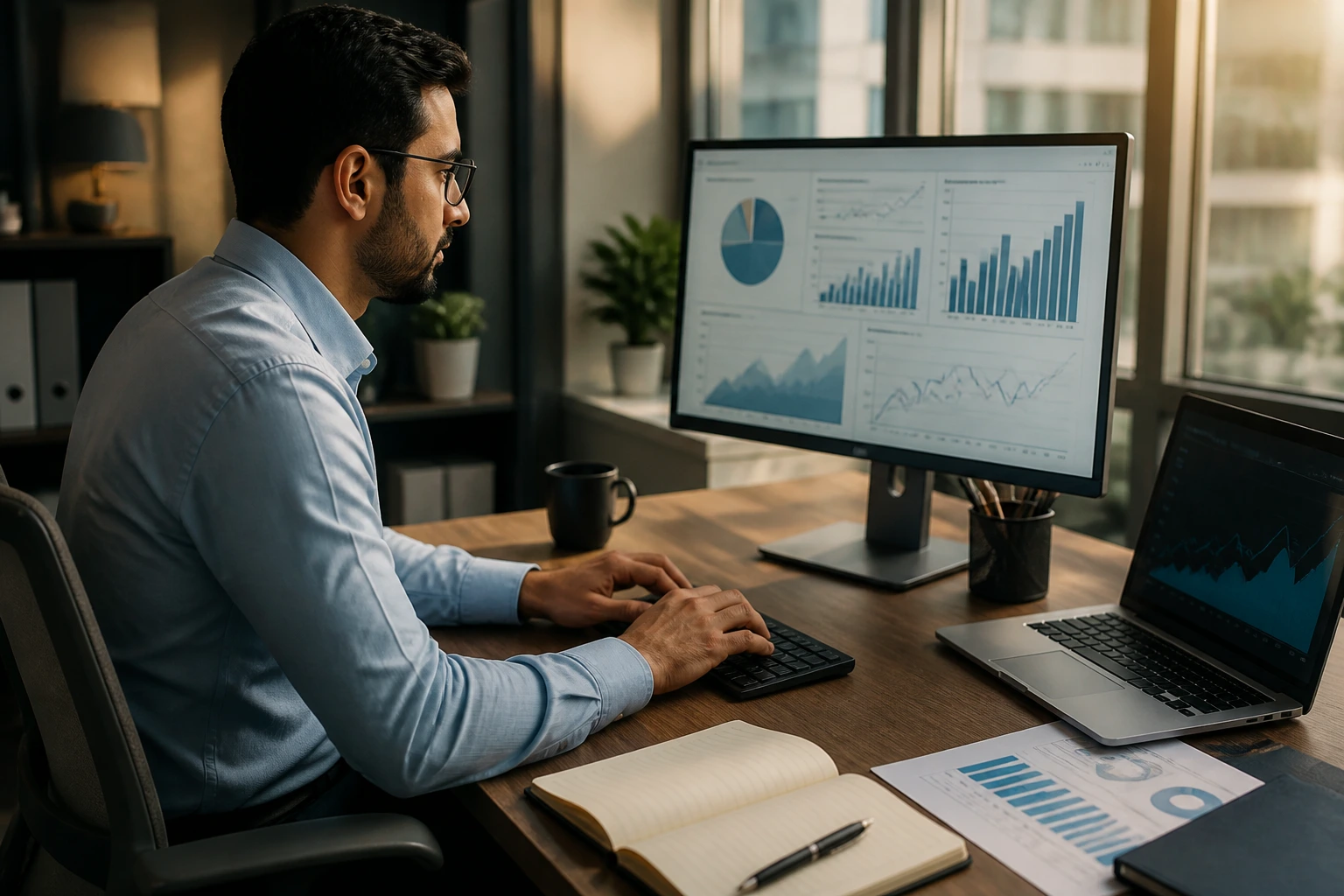 Analyst demonstrating modeling and forecasting skills at desk with abstract graphs