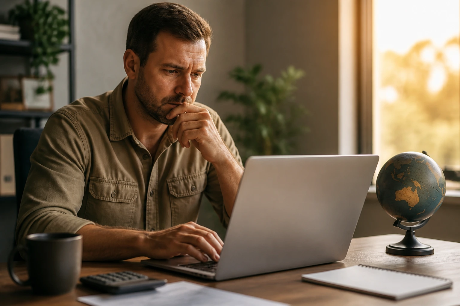 Person at a desk considering finances with laptop glow.