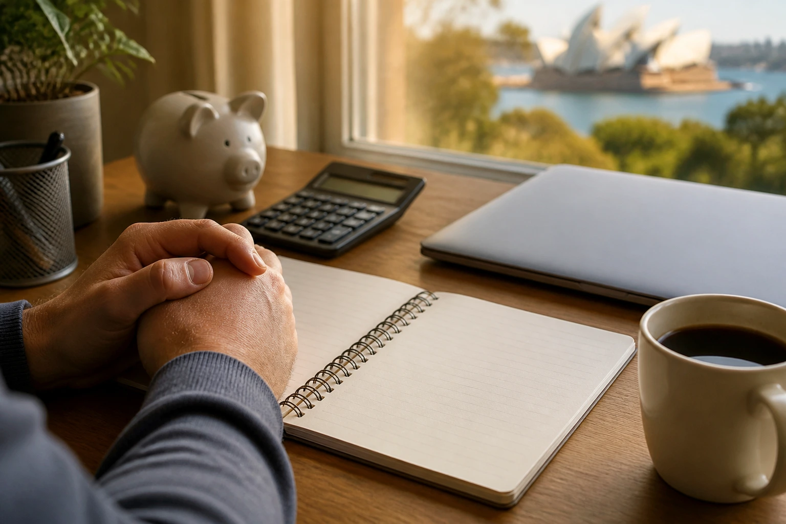 Close-up of hands with a blank budgeting notebook for relocation planning in a home office