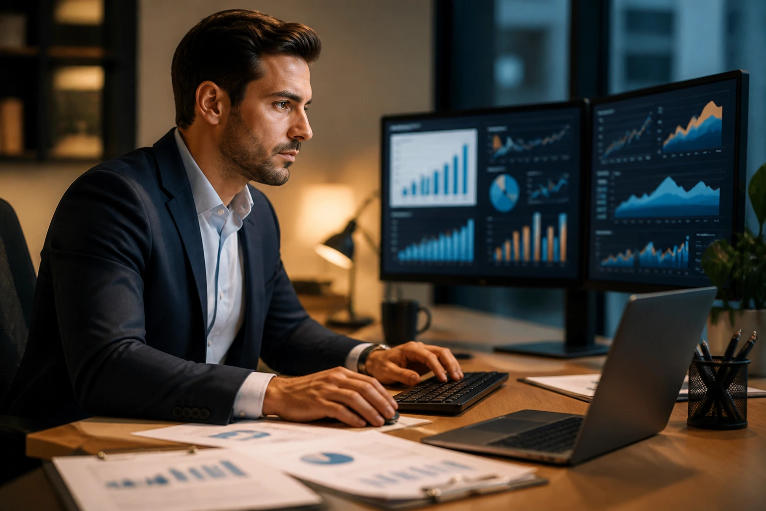 Close-up of a real financial analyst at a desk with abstract data visuals on screens