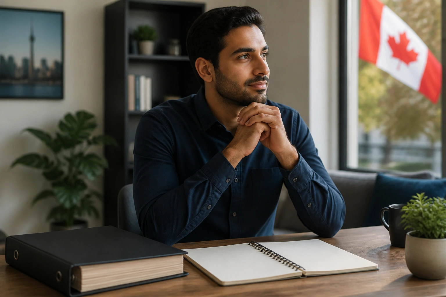 Person at home desk with blank notebook and binder symbolizing savings buffer