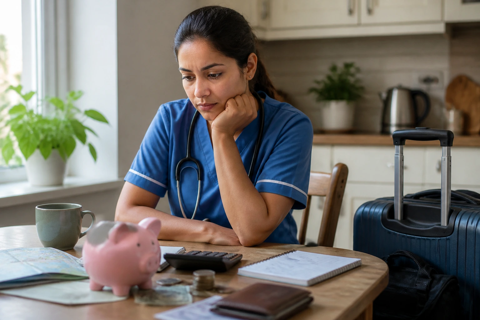 Nurse planning finances at home with a piggy bank and travel items nearby