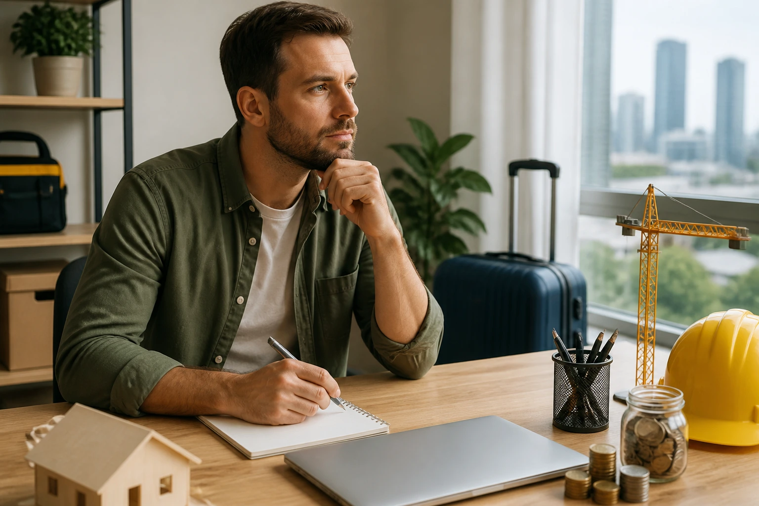 Person in a home office contemplating financial planning with a blank notebook