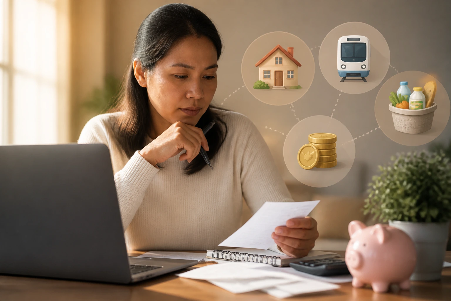 Person planning budget with abstract icons for housing and living costs in the background
