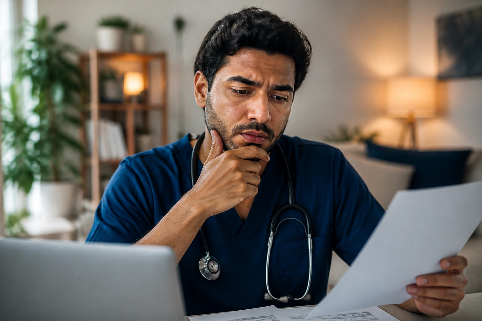 Doctor contemplating finances in a home office setting