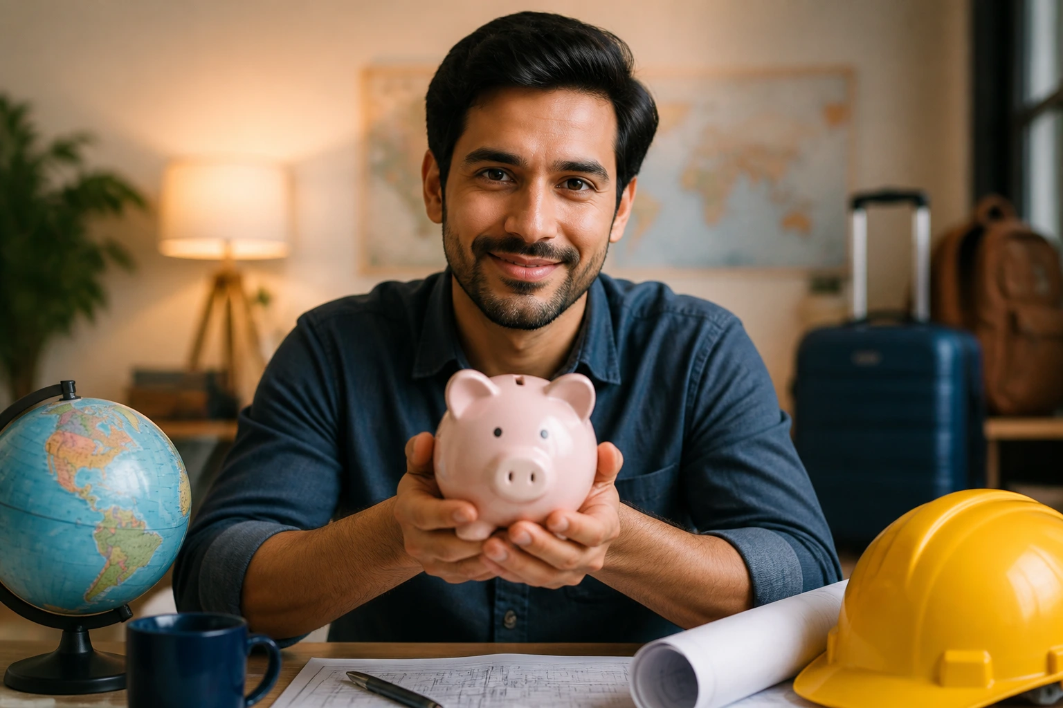 Person holding piggy bank in home office symbolizing relocation budgeting for Canada