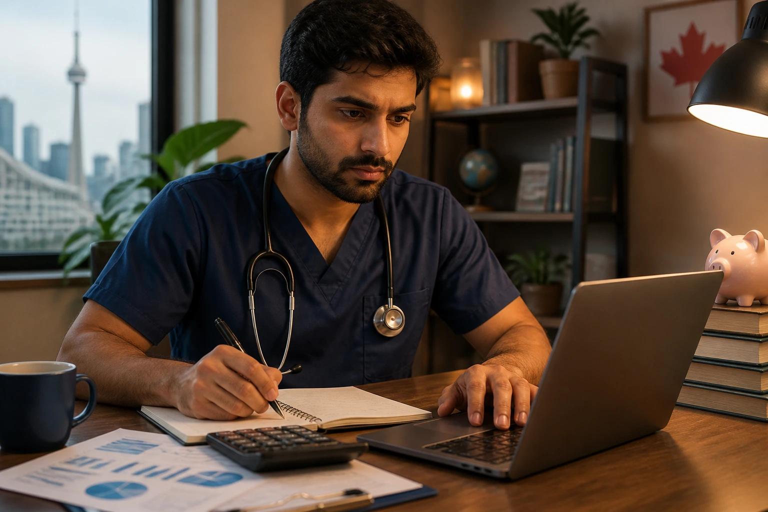 Person planning finances at a desk for medical transition