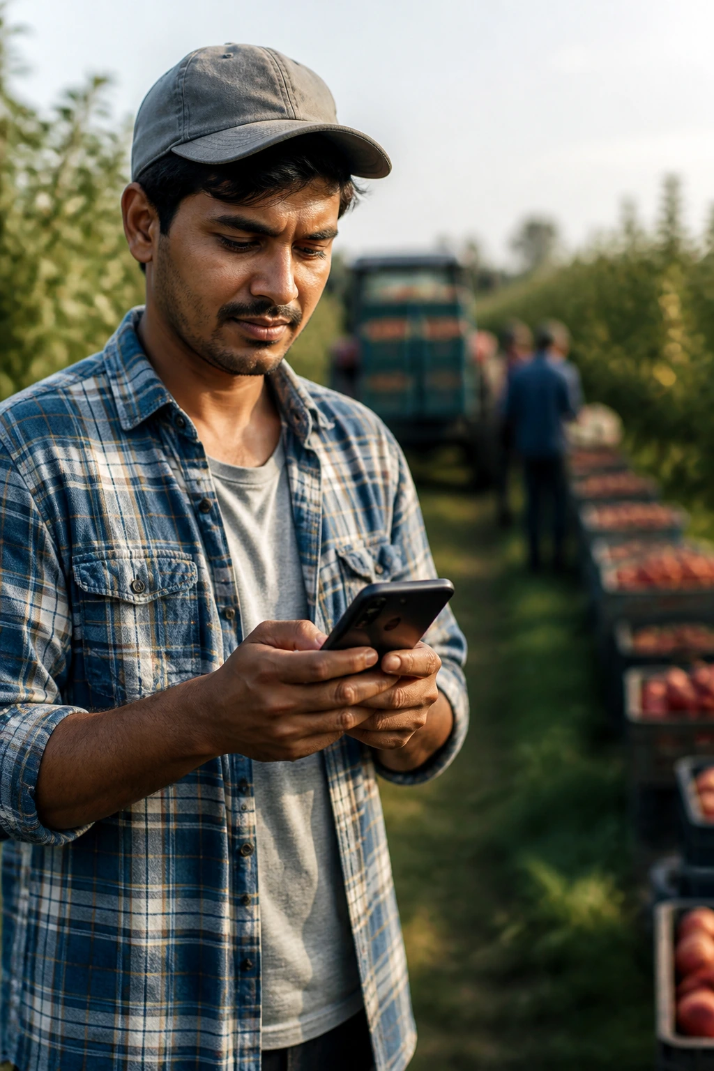 Person in farmyard holding a smartphone looking for fruit picking jobs in Canada