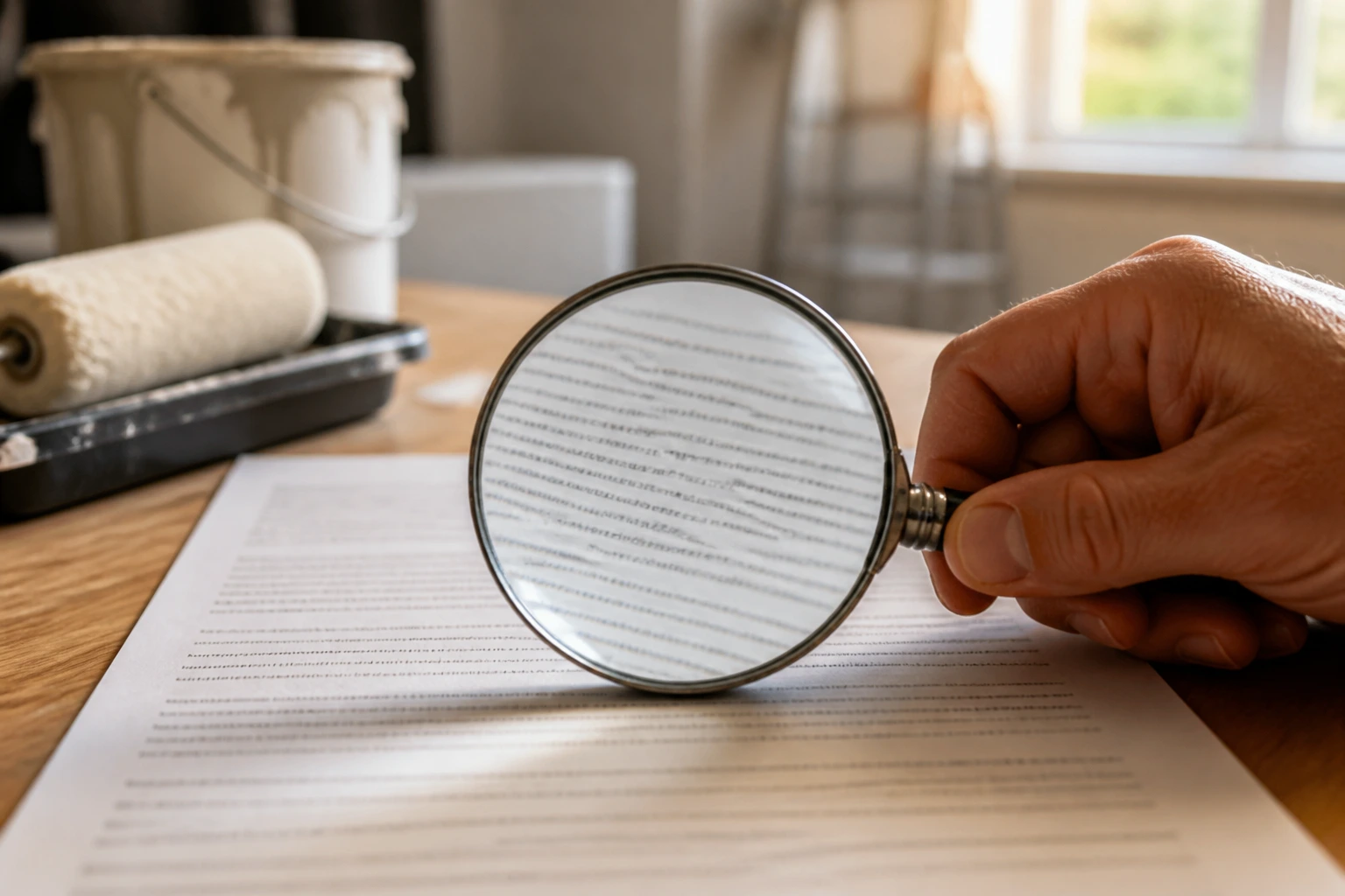 Close-up of a hand with a magnifying glass over a sheet with indistinct markings to imply fine print review