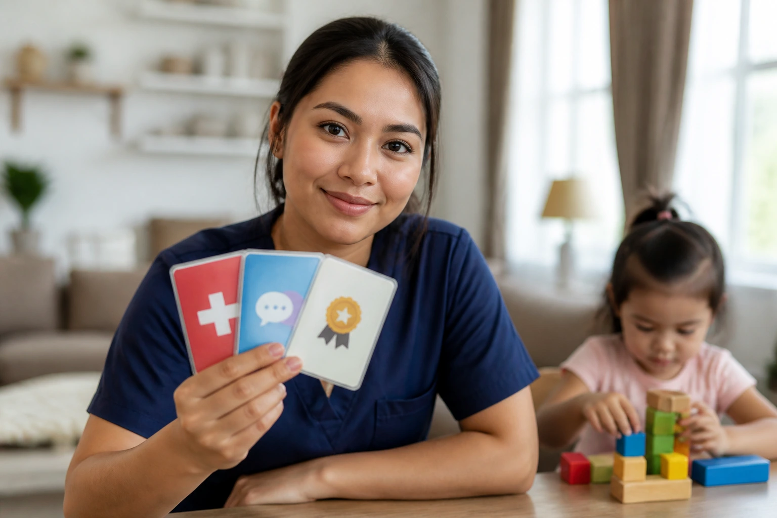 Caregiver with calm expression indicating first aid readiness in a home