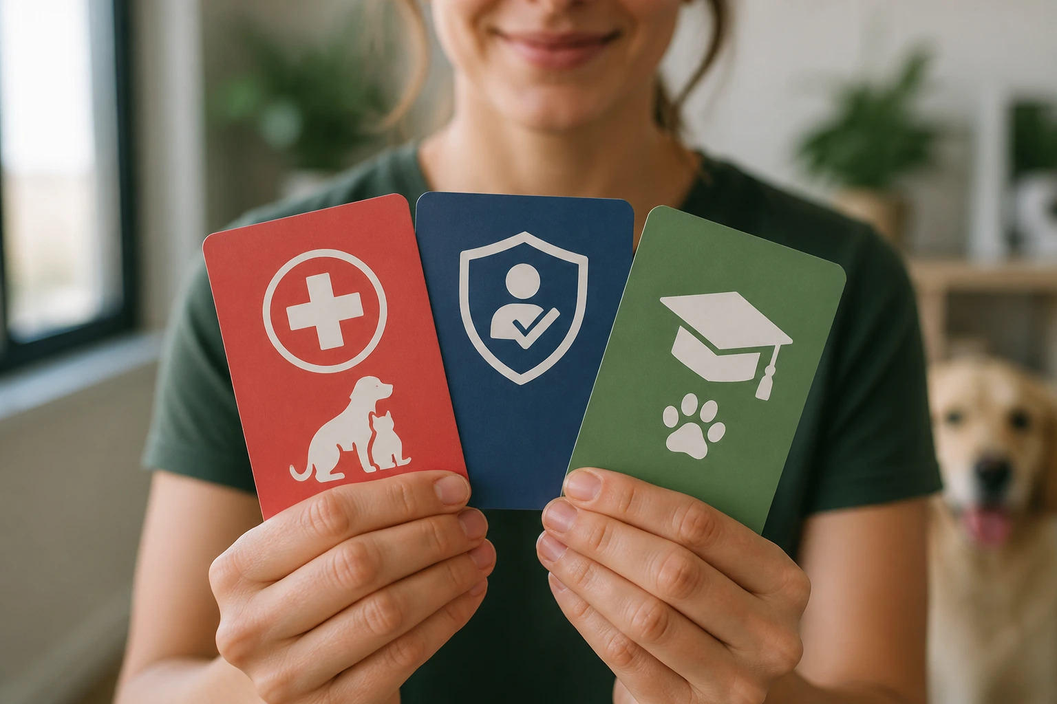 Person holding icon-cards representing first aid, police checks, and certifications